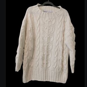 Vintage Handknit Oversized  White Cable Knit Sweater Large Grandpa Grandma Core